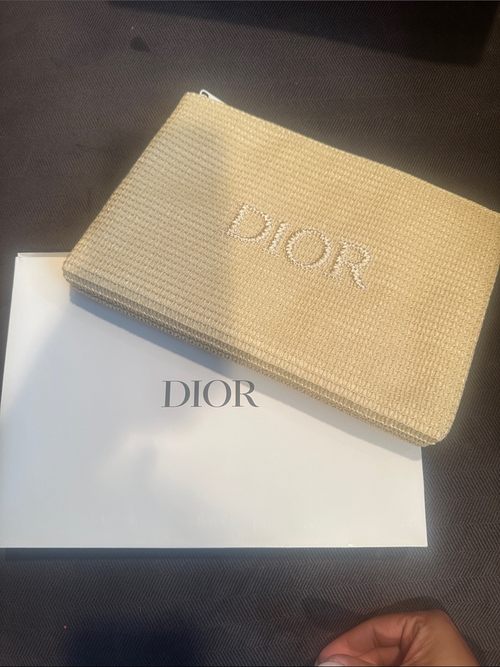 Dior Woven Cream Zip Pouch with Embroidered Logo